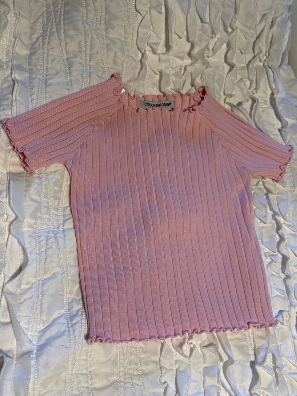 Cotton Emporium Pink Ribbed Lettuce-Edge Knit Top